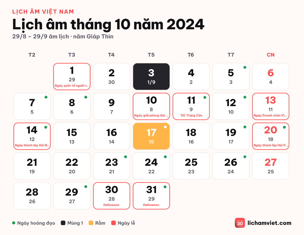 Lịch âm tháng 10 năm 2024, có rằm tháng 9