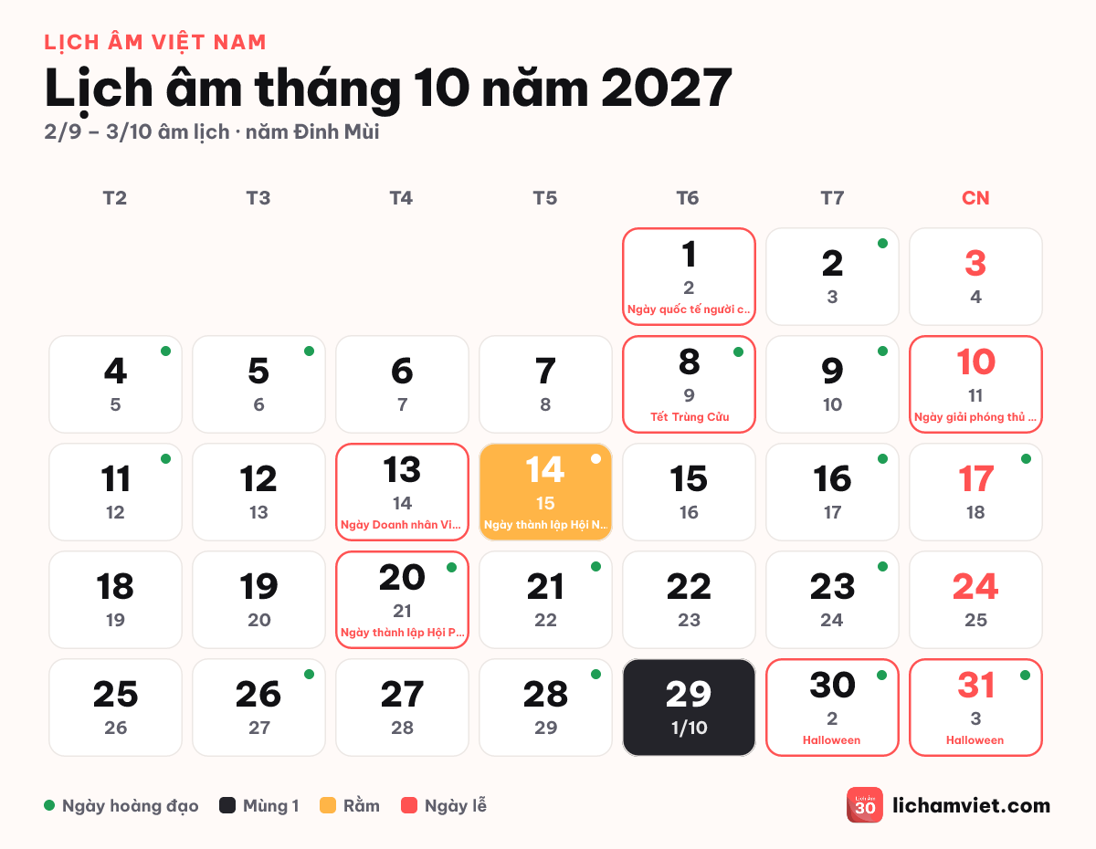 Lịch âm tháng 10 năm 2027