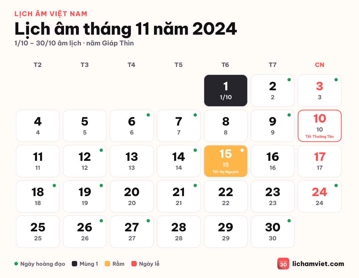 Lịch âm tháng 11 năm 2024, có Tết Hạ Nguyên