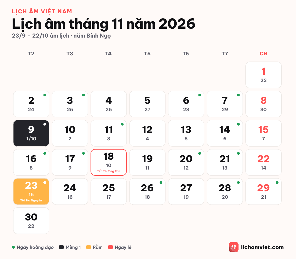 Lịch âm tháng 11 năm 2026