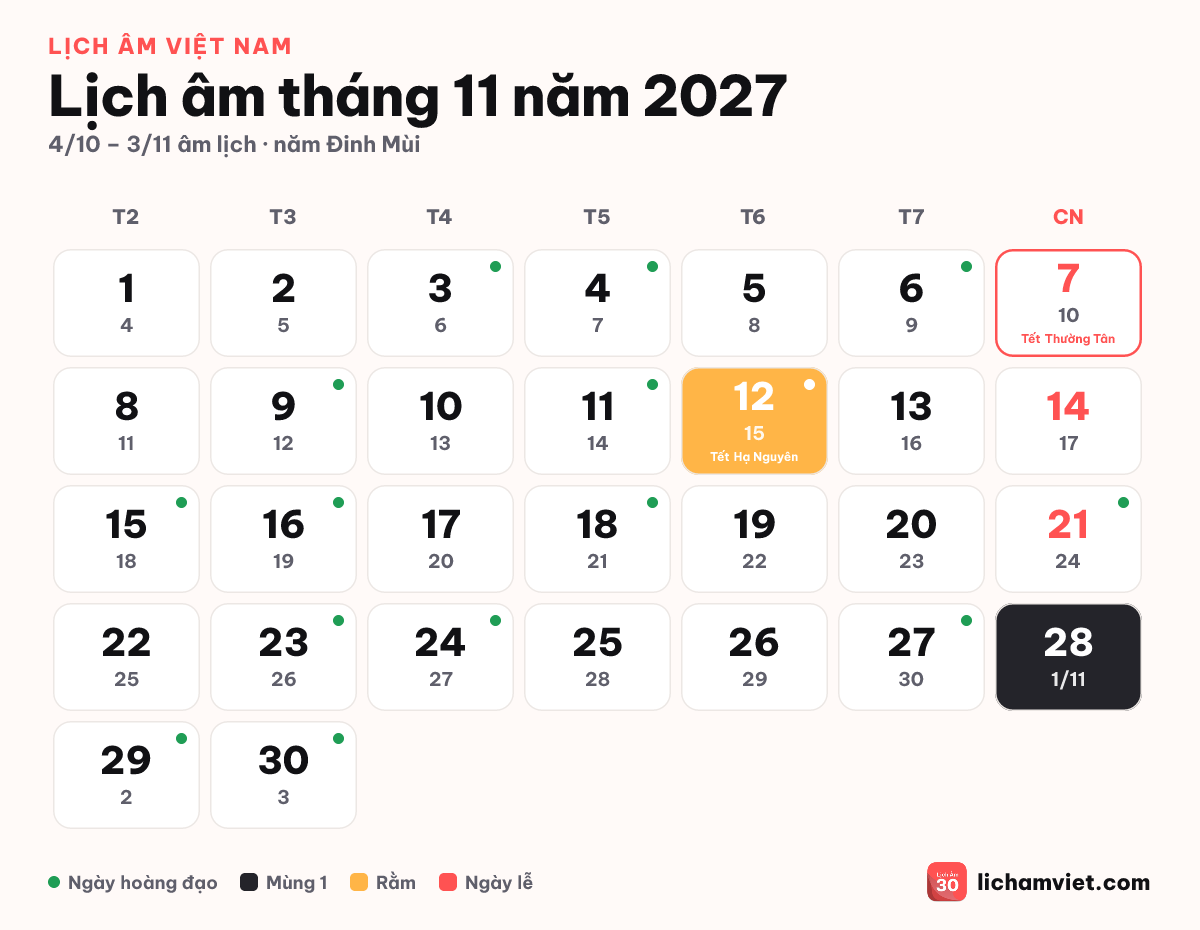 Lịch âm tháng 11 năm 2027
