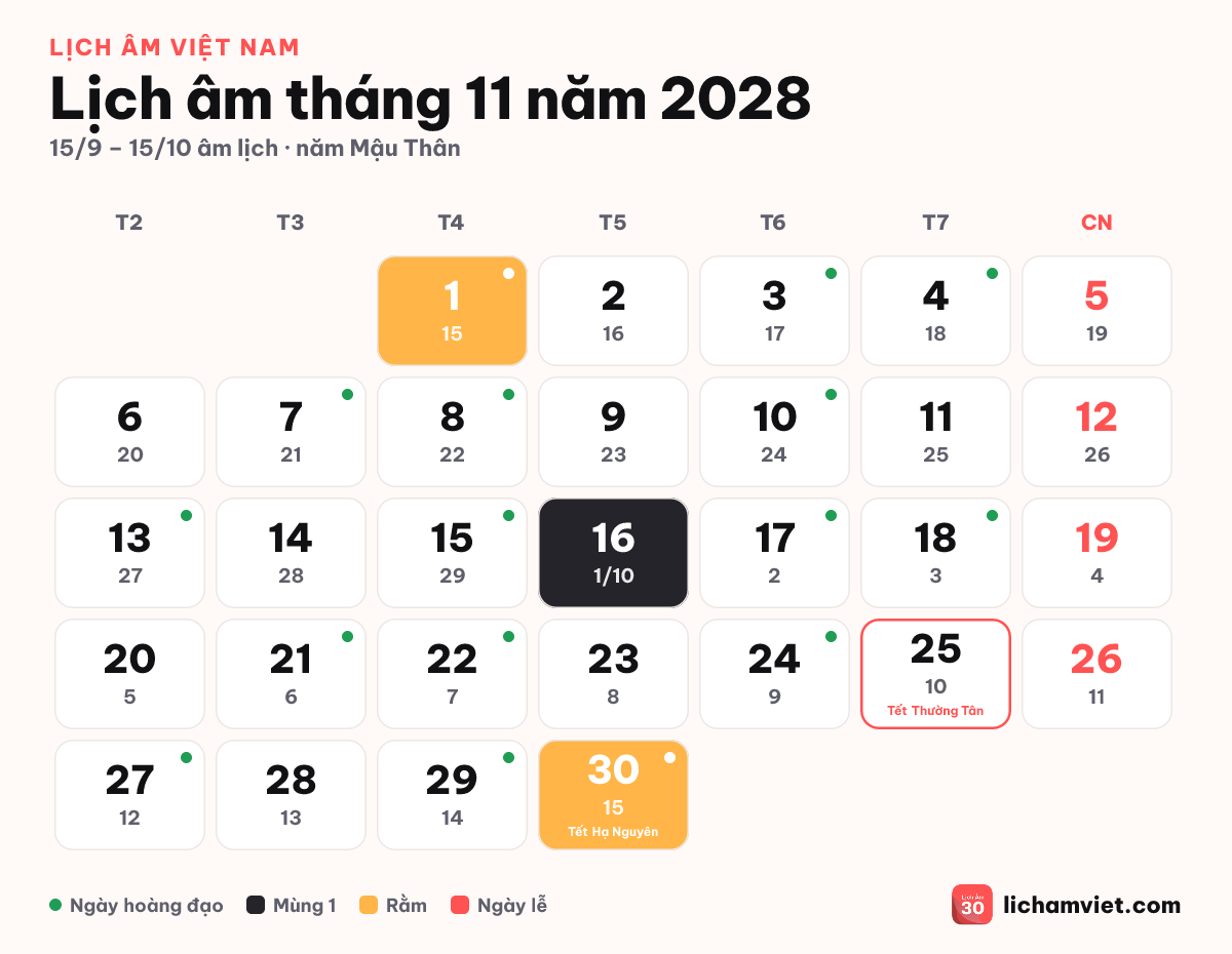 Lịch âm tháng 11 năm 2028, có rằm tháng 10