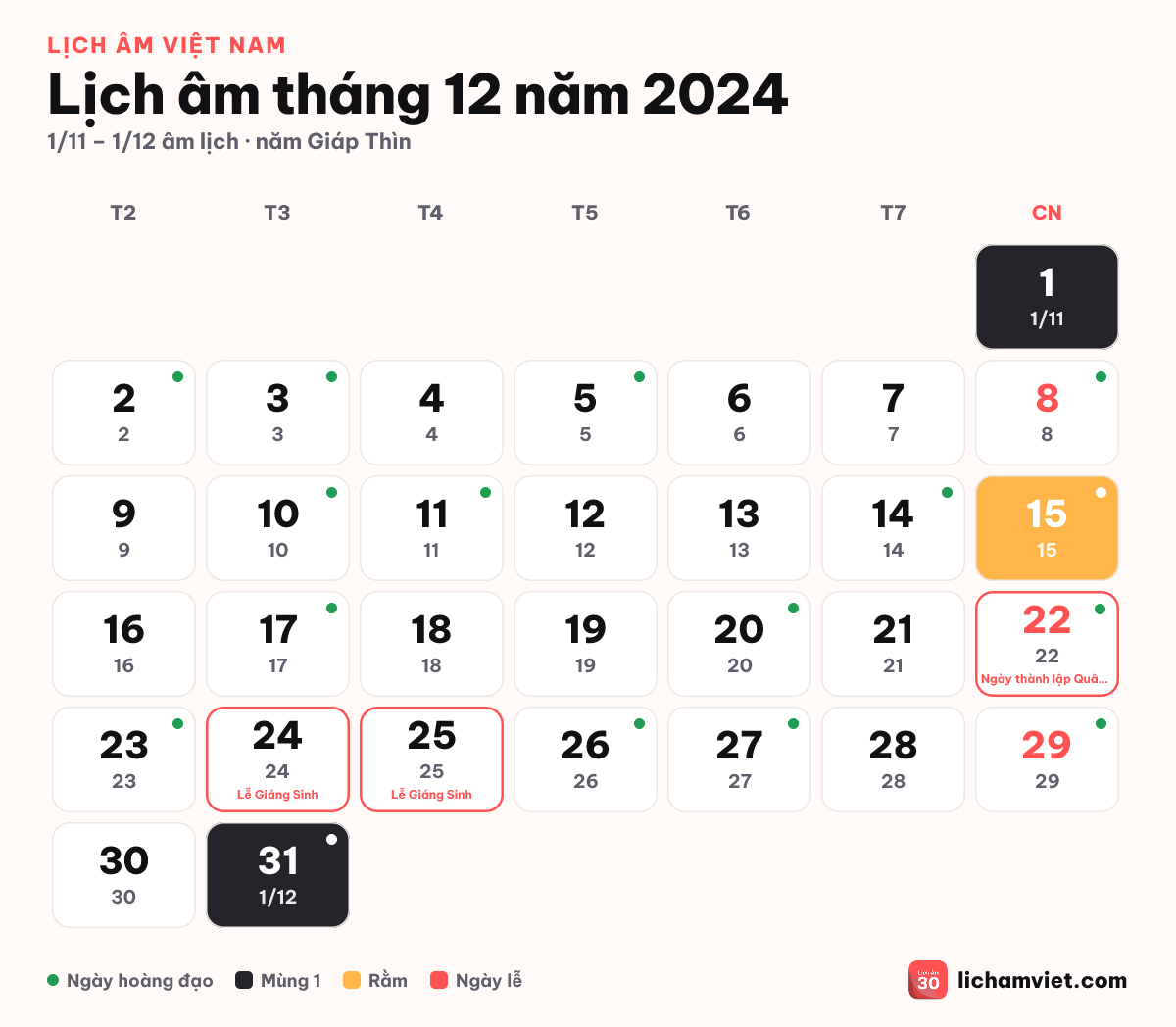 Lịch âm tháng 12 năm 2024, có rằm tháng 11