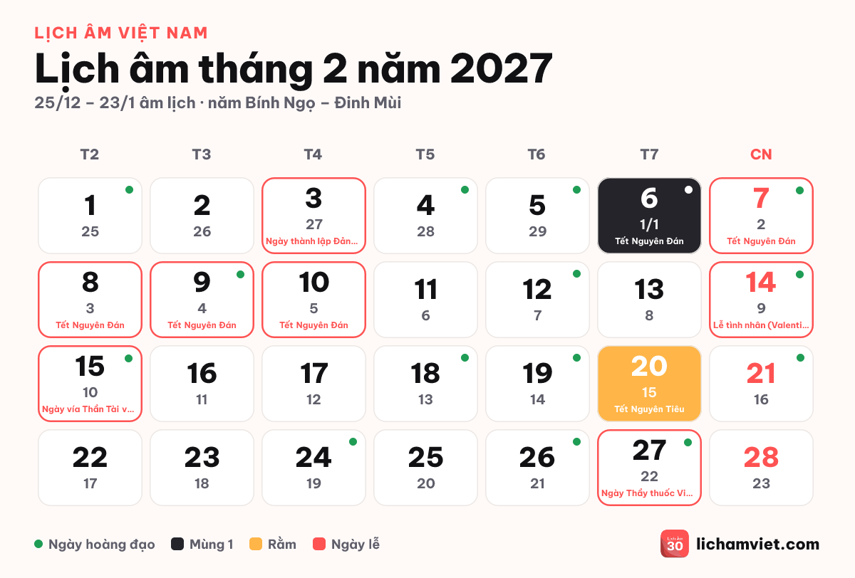 Lịch âm tháng 2 năm 2027 với Tết Nguyên Đán Đinh Mùi
