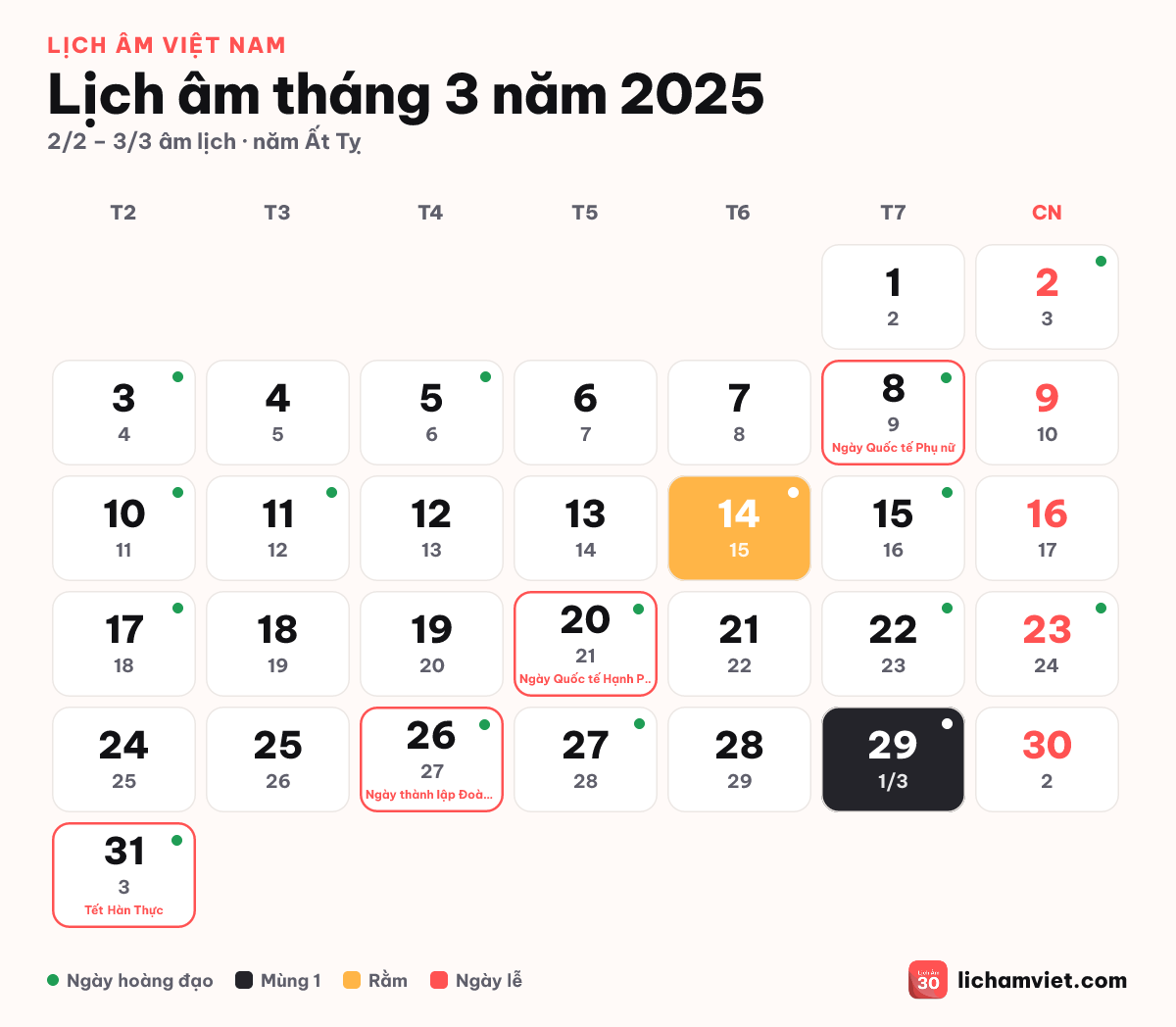 Lịch âm tháng 3 năm 2025, có Tết Hàn Thực