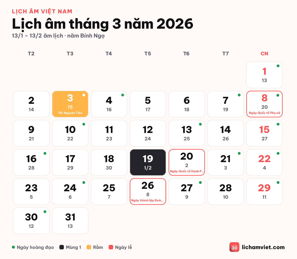 Lịch âm tháng 3 năm 2026