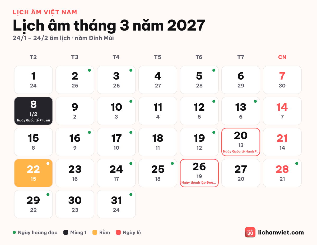 Lịch âm tháng 3 năm 2027