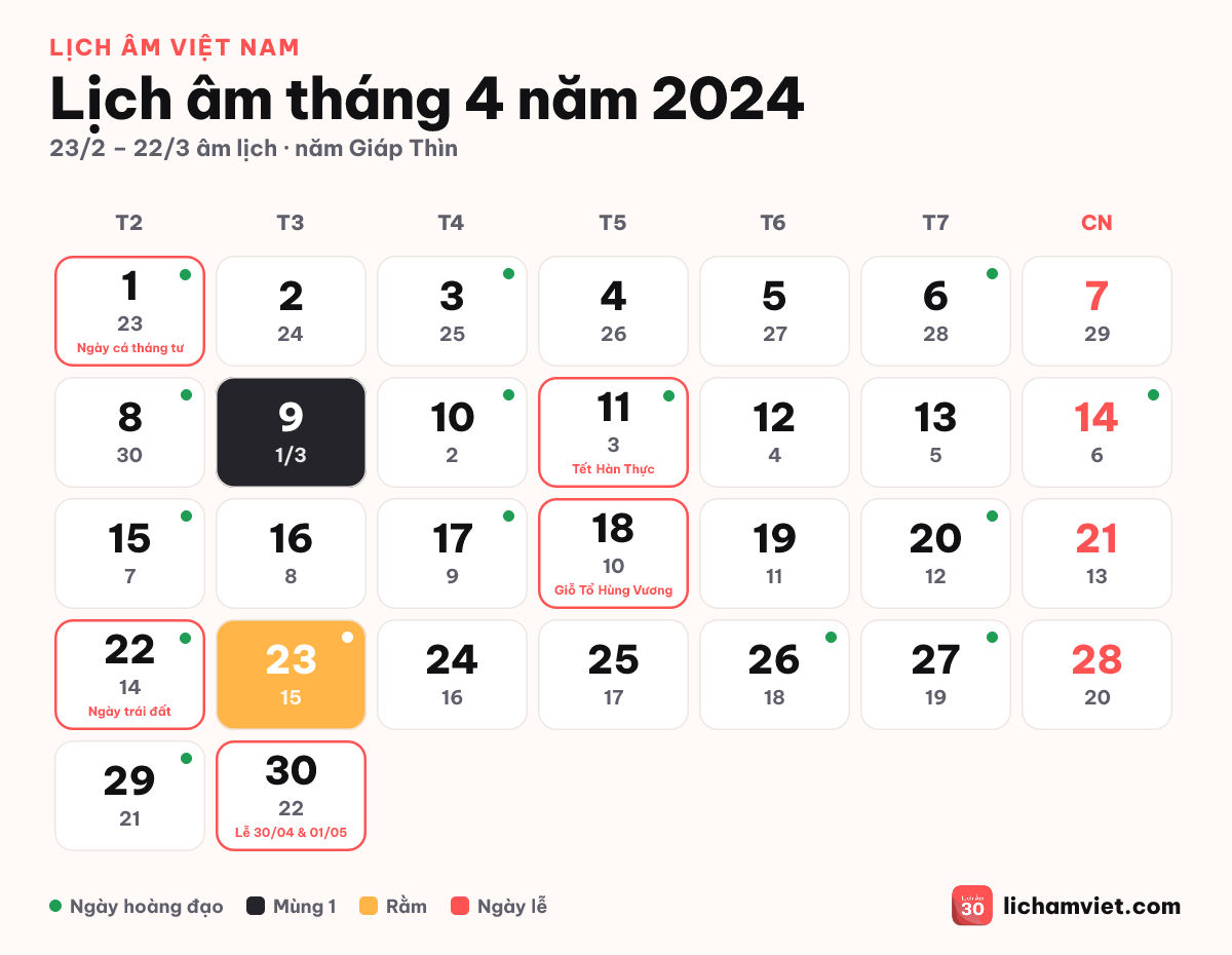 Lịch âm tháng 4 năm 2024, có Giỗ Tổ Hùng Vương