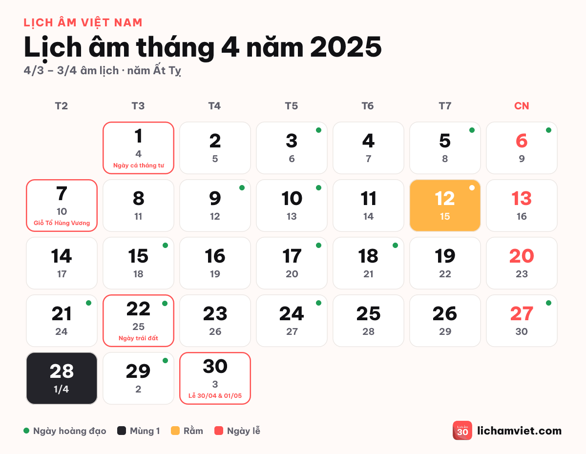 Lịch âm tháng 4 năm 2025, có Giỗ Tổ Hùng Vương
