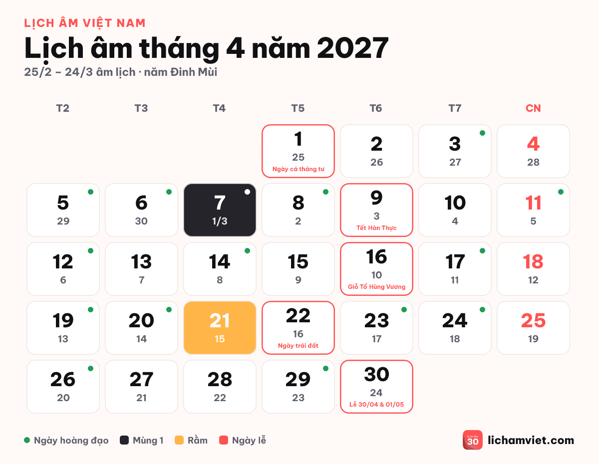 Lịch âm tháng 4 năm 2027, có Tết Hàn Thực