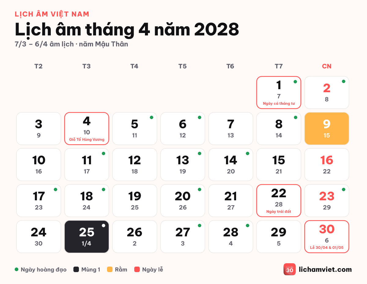 Lịch âm tháng 4 năm 2028, có Giỗ Tổ Hùng Vương