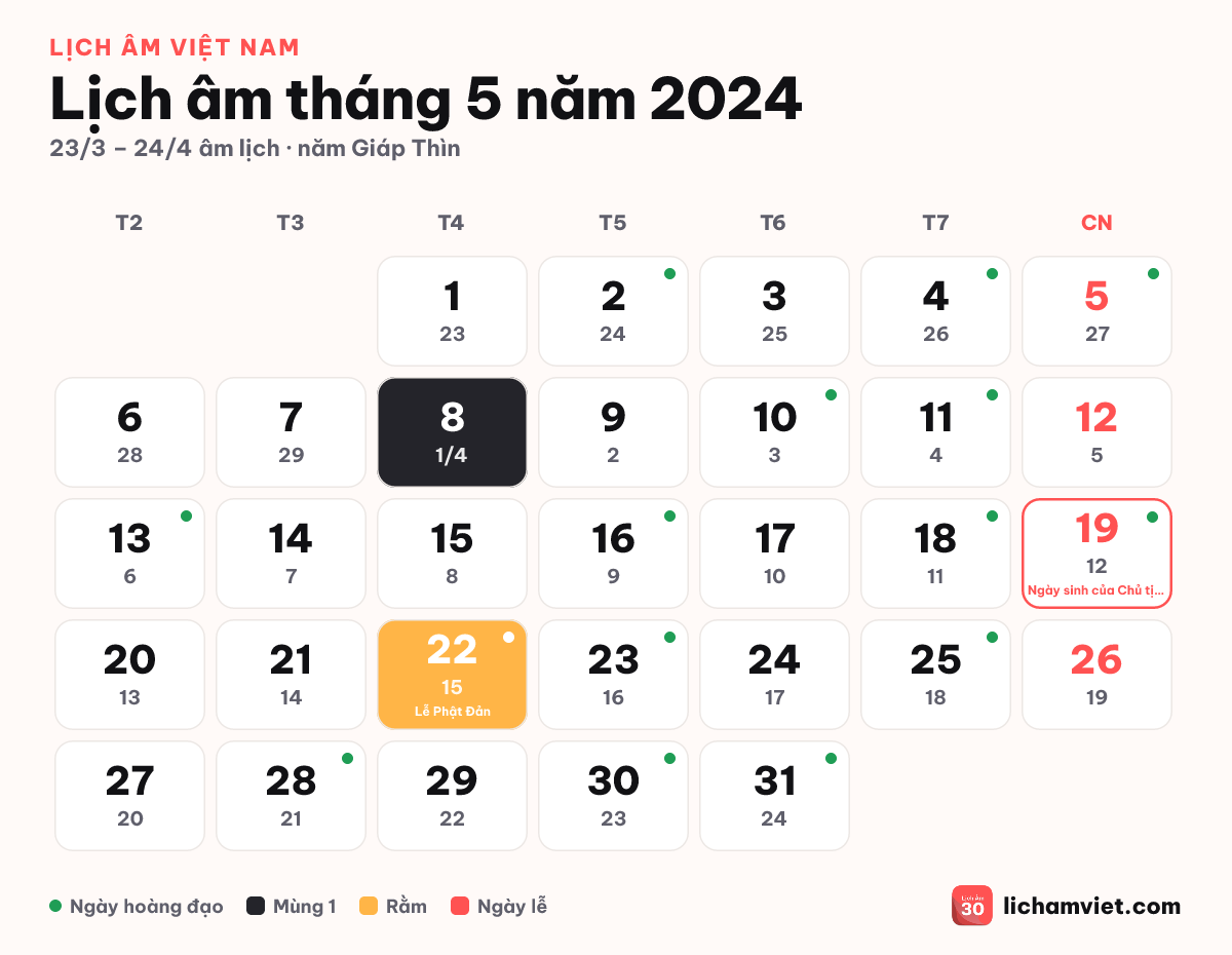 Lịch âm tháng 5 năm 2024, có Lễ Phật Đản