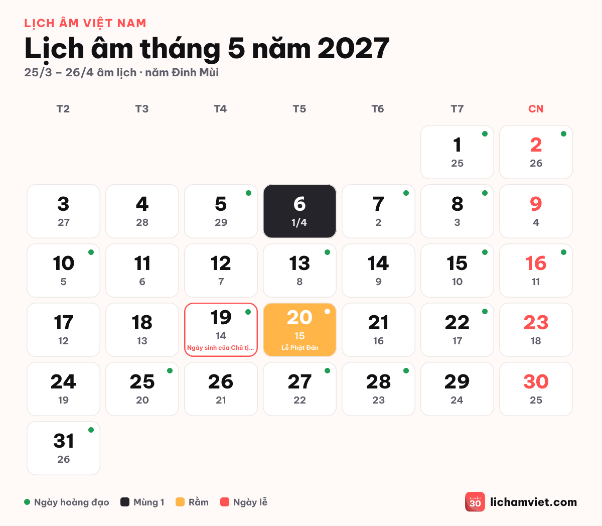 Lịch âm tháng 5 năm 2027, có Lễ Phật Đản