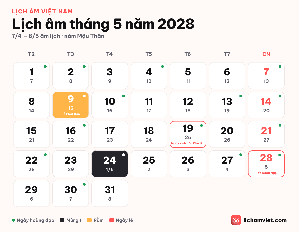 Lịch âm tháng 5 năm 2028, có Lễ Phật Đản