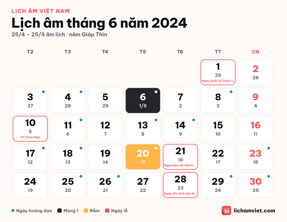 Lịch âm tháng 6 năm 2024, có Tết Đoan Ngọ