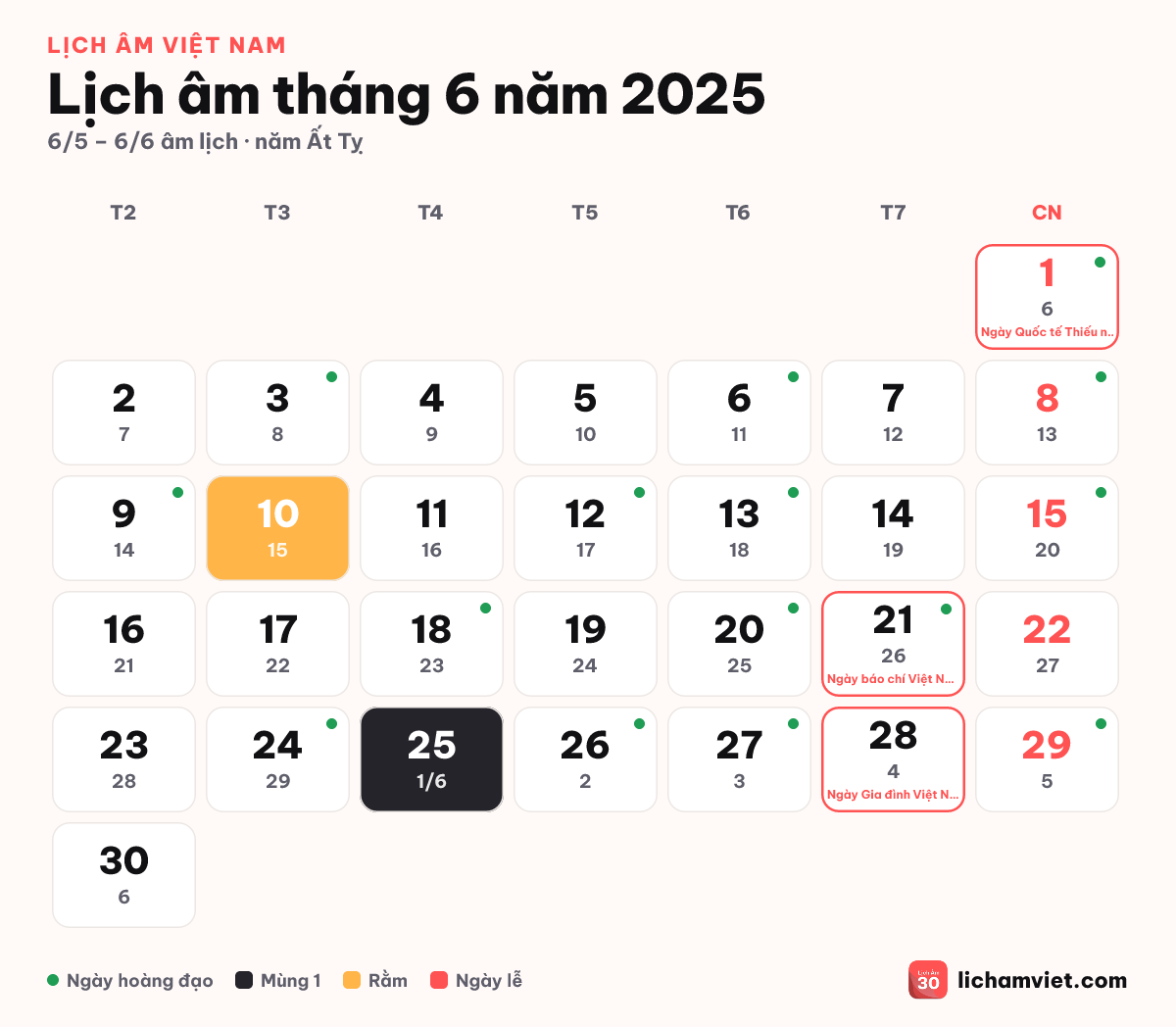 Lịch âm tháng 6 năm 2025, có rằm tháng 5