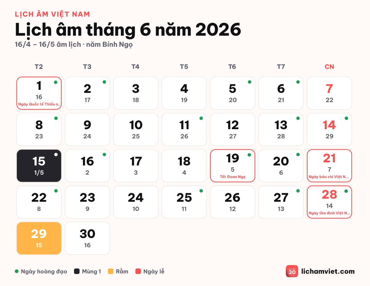 Lịch âm tháng 6 năm 2026