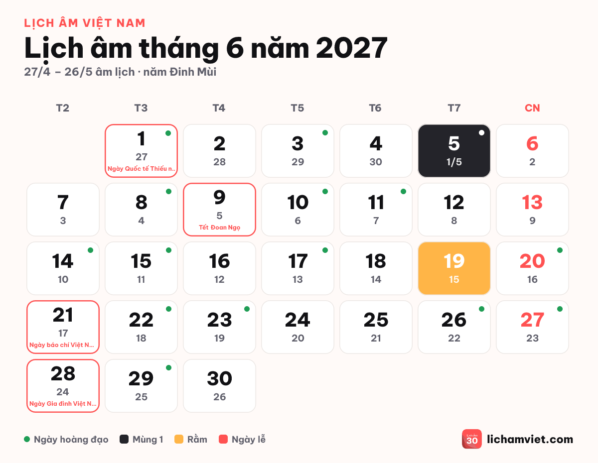 Lịch âm tháng 6 năm 2027