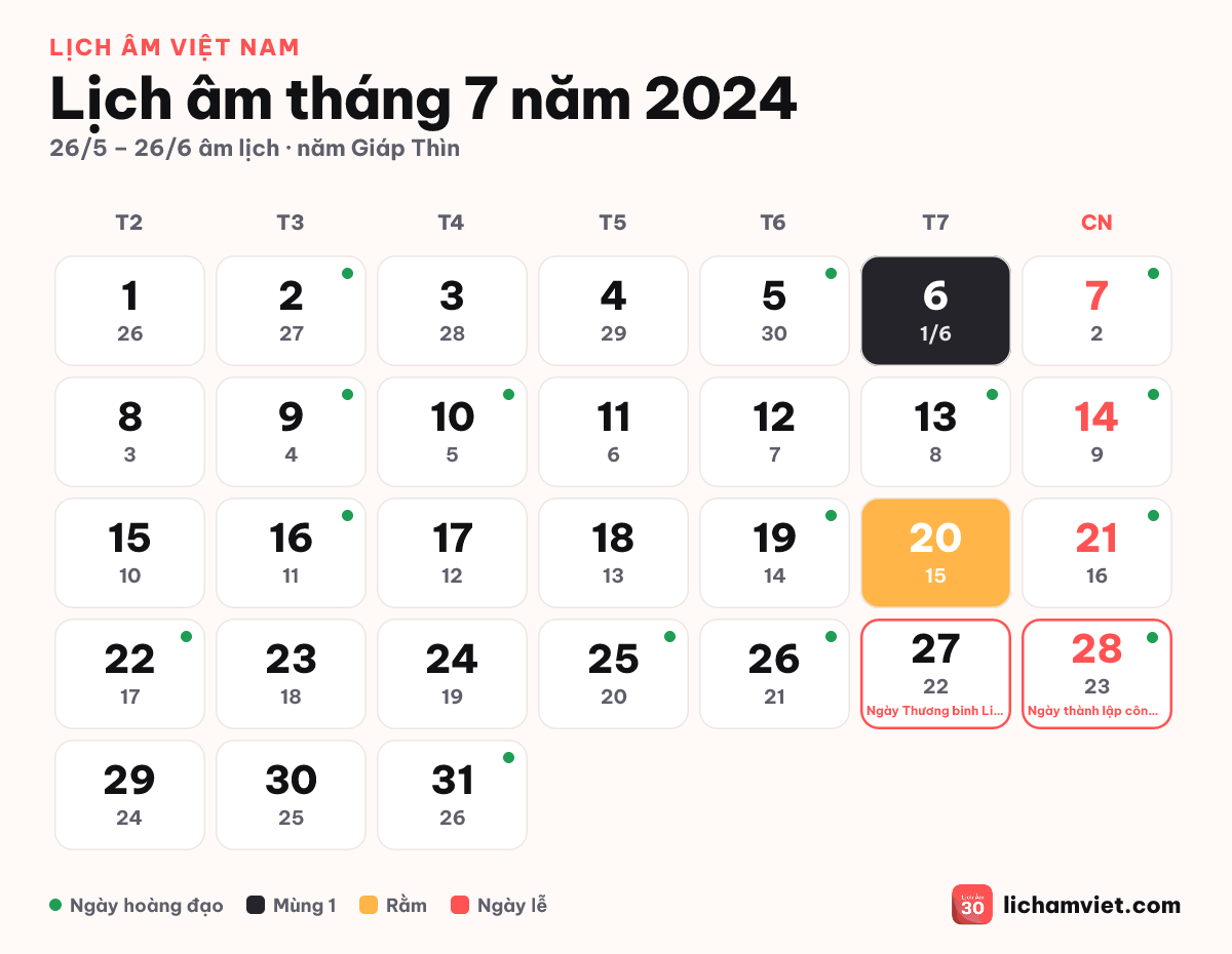 Lịch âm tháng 7 năm 2024, có rằm tháng 6