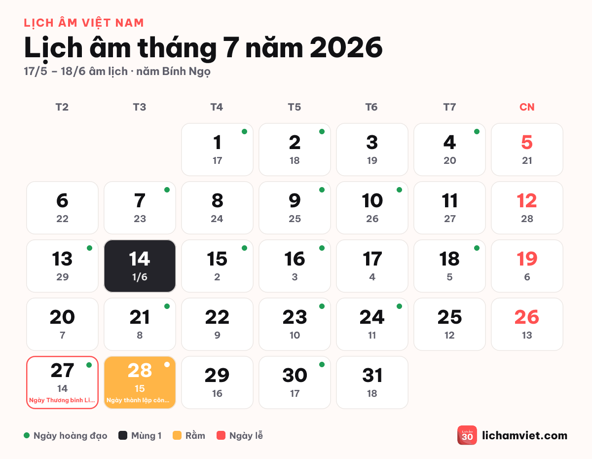 Lịch âm tháng 7 năm 2026
