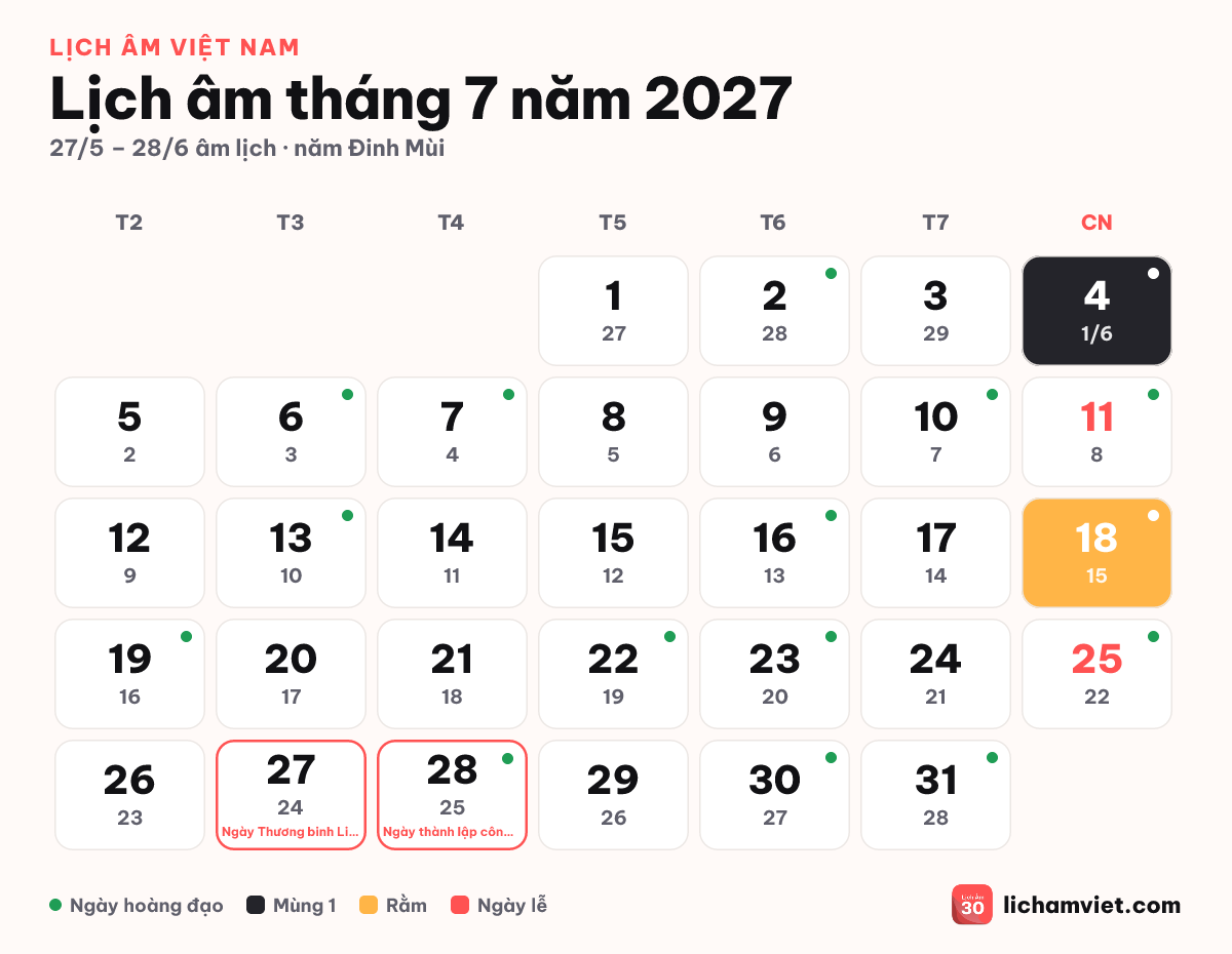 Lịch âm tháng 7 năm 2027