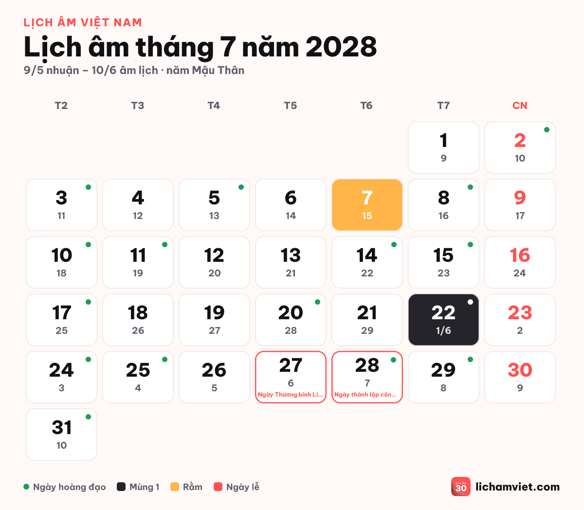 Lịch âm tháng 7 năm 2028 trong tháng 5 nhuận