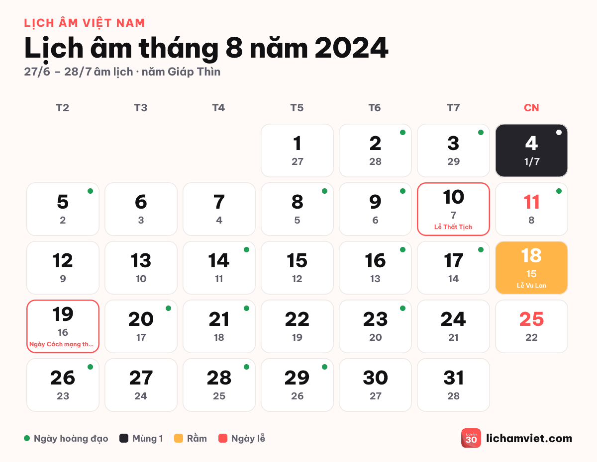 Lịch âm tháng 8 năm 2024, có Lễ Vu Lan