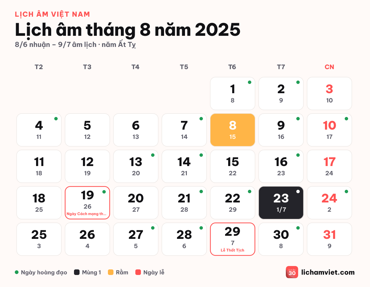 Lịch âm tháng 8 năm 2025, có Lễ Thất Tịch