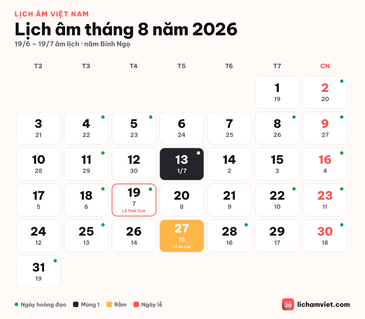 Lịch âm tháng 8 năm 2026, có Lễ Vu Lan
