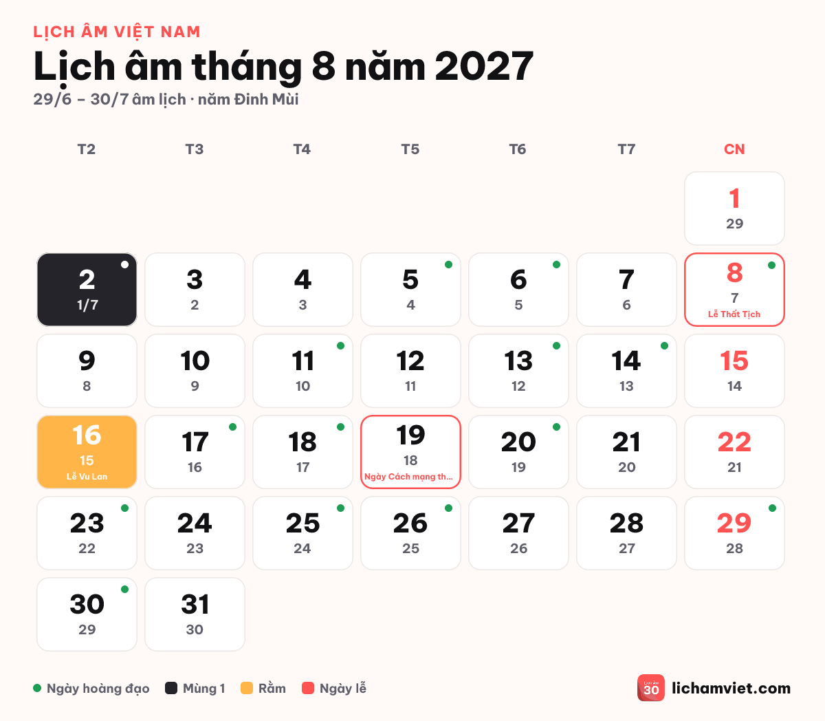Lịch âm tháng 8 năm 2027, có Lễ Vu Lan