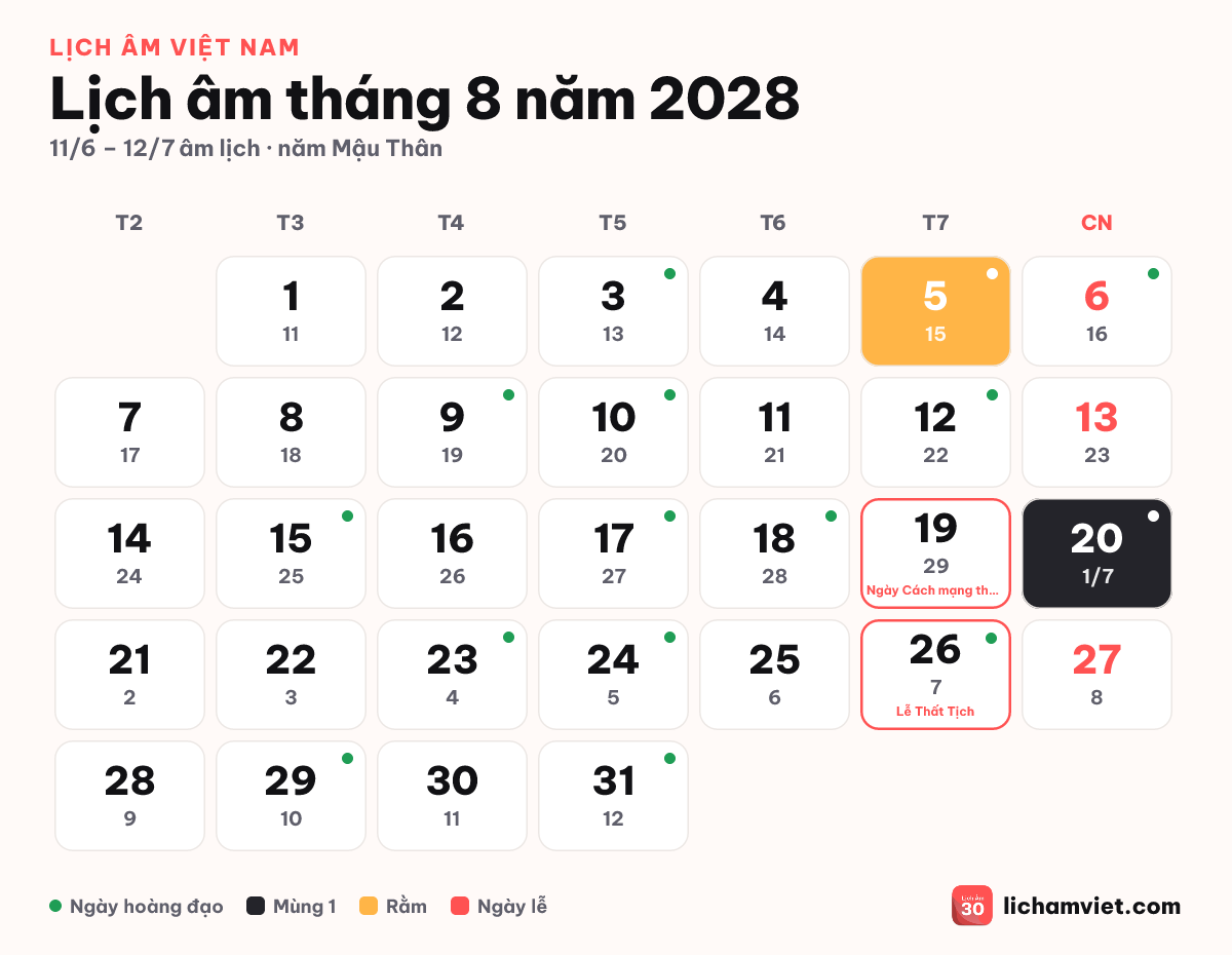 Lịch âm tháng 8 năm 2028, có Lễ Thất Tịch