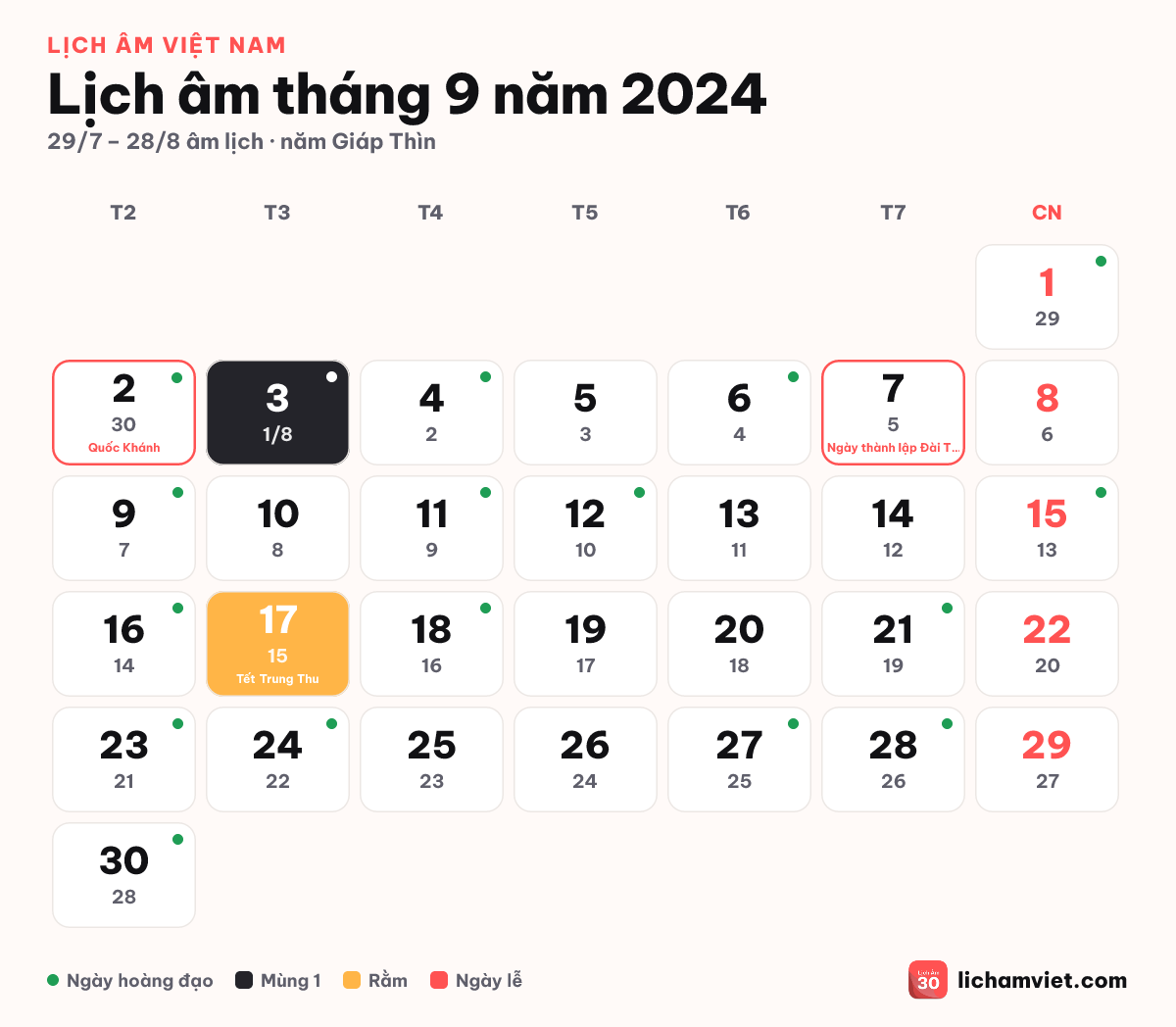 Lịch âm tháng 9 năm 2024, có rằm tháng 8