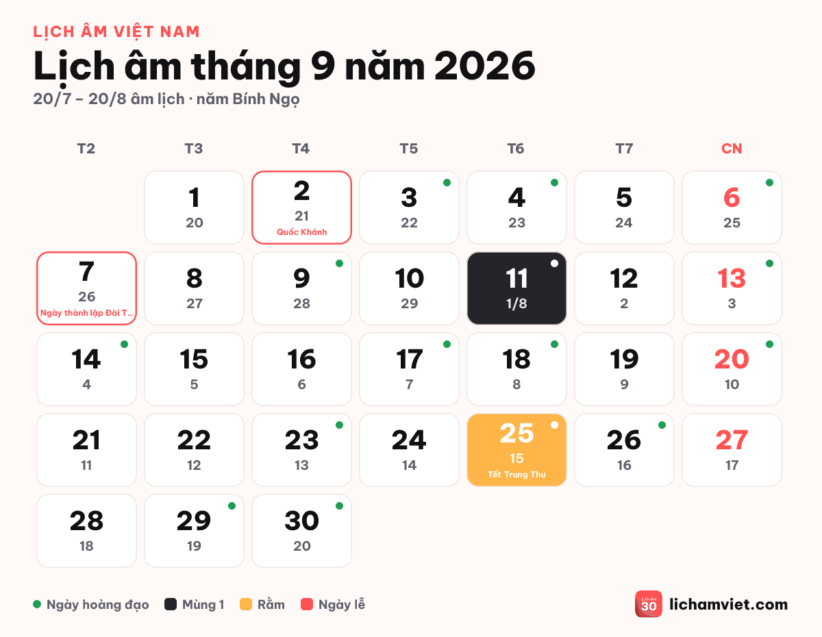 Lịch âm tháng 9 năm 2026