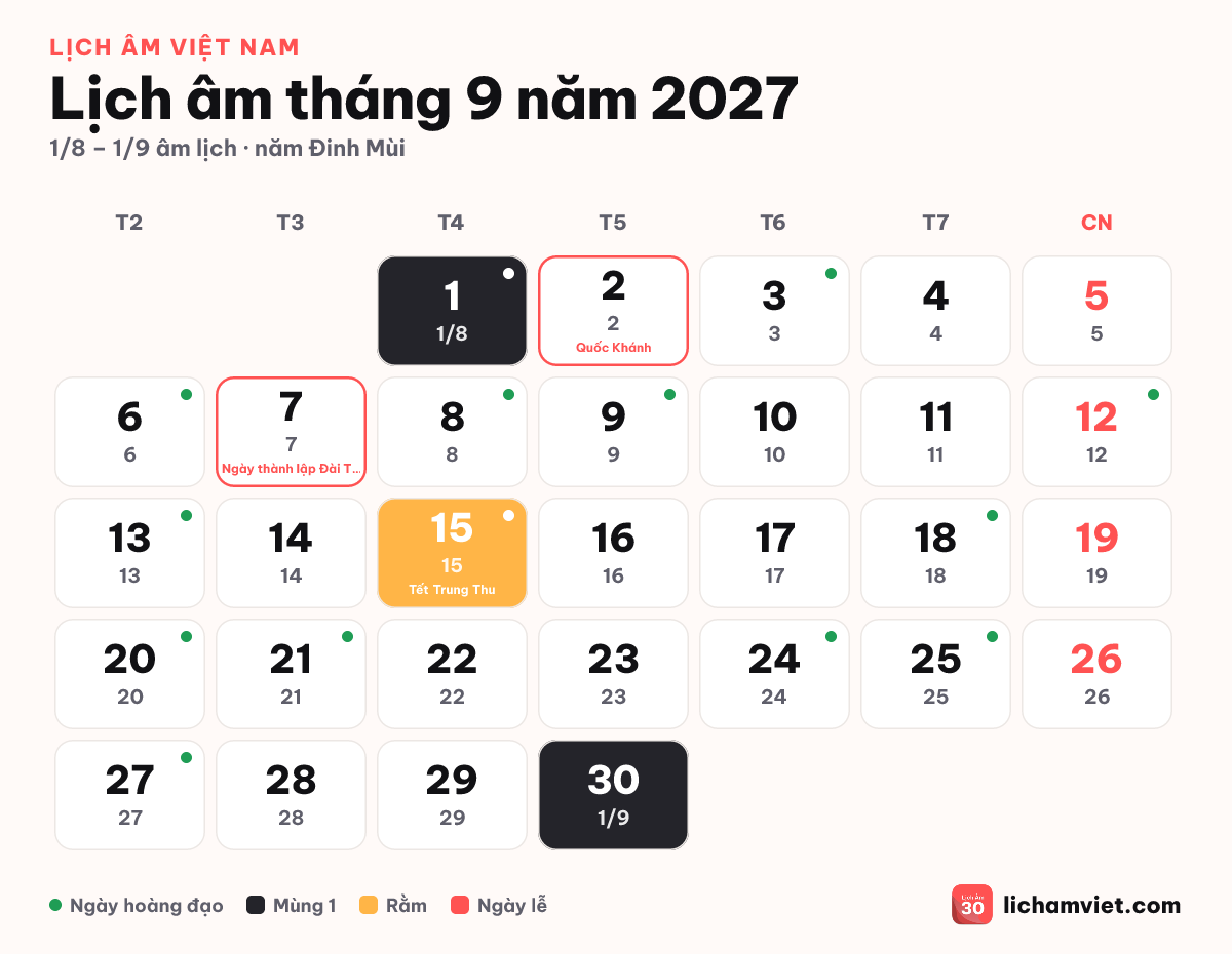Lịch âm tháng 9 năm 2027