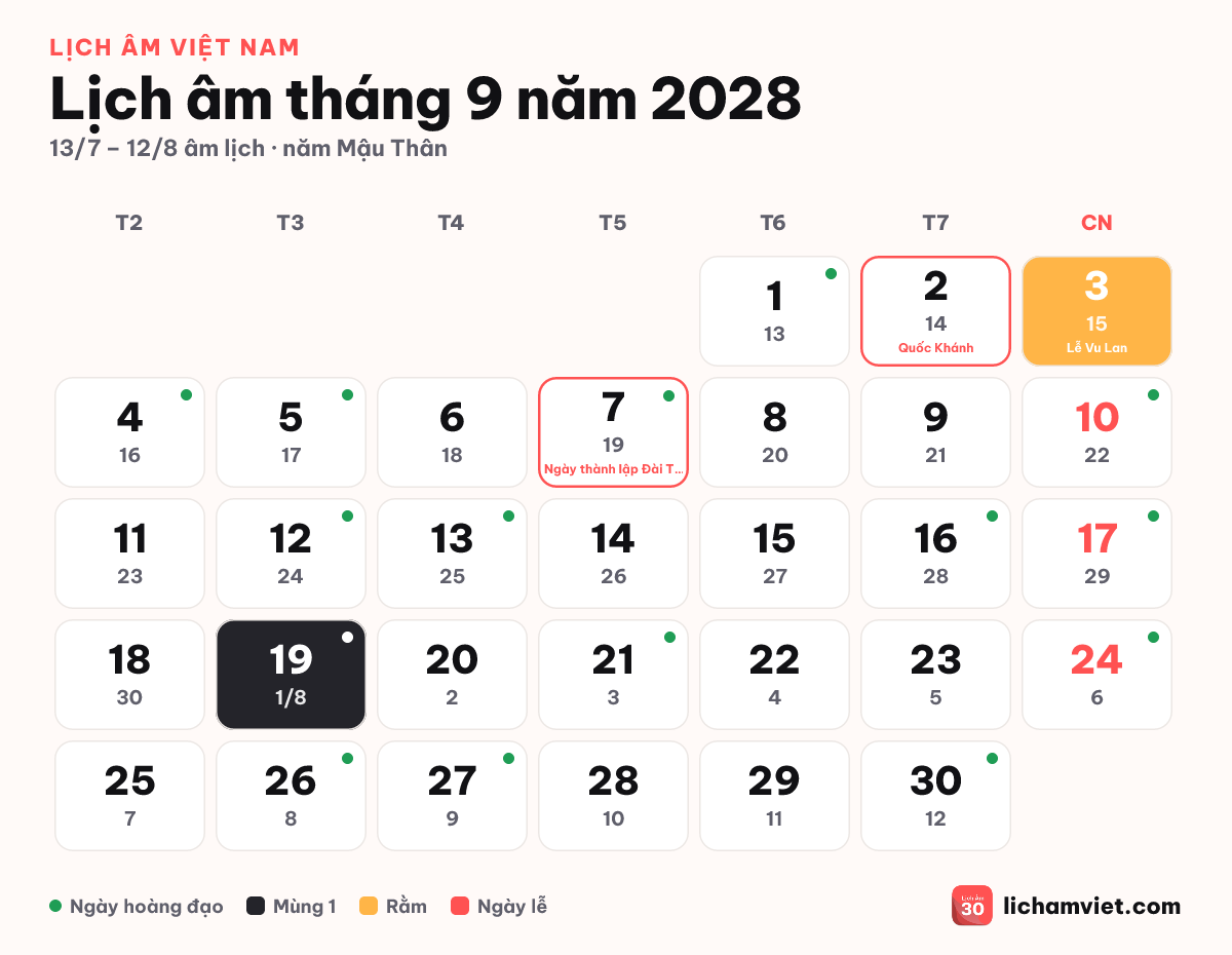 Lịch âm tháng 9 năm 2028, có Lễ Vu Lan