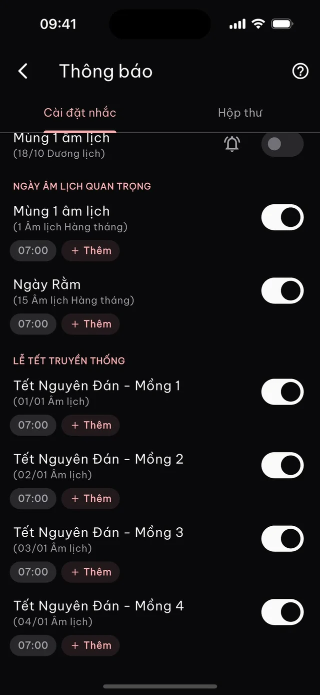 Màn hình cài đặt nhắc lịch