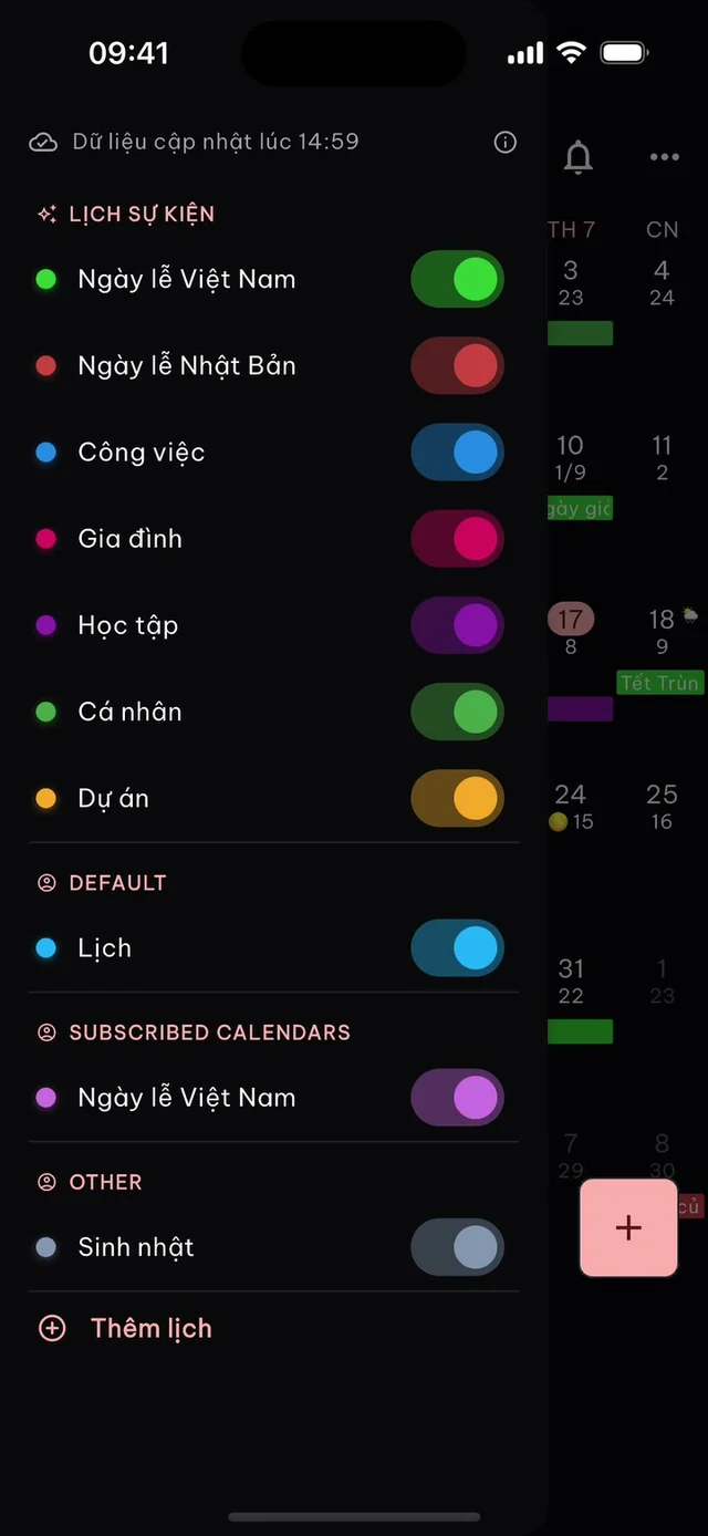 Danh sách lịch trong menu bên trái, bật tắt từng lịch