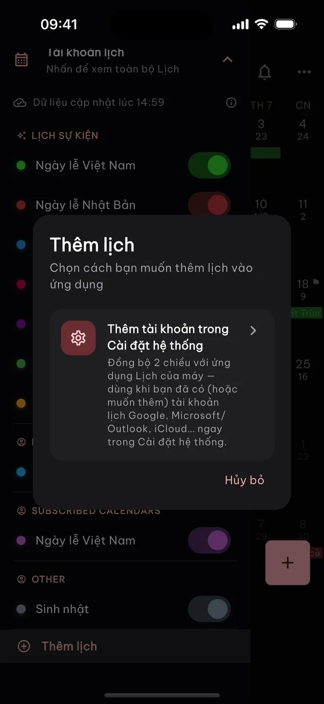 Hộp thoại Thêm lịch: thêm tài khoản trong Cài đặt hệ thống để đồng bộ 2 chiều