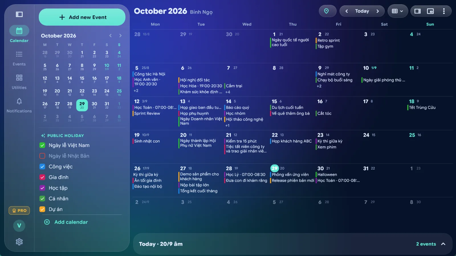 Lịch Âm Việt in dark mode on Windows