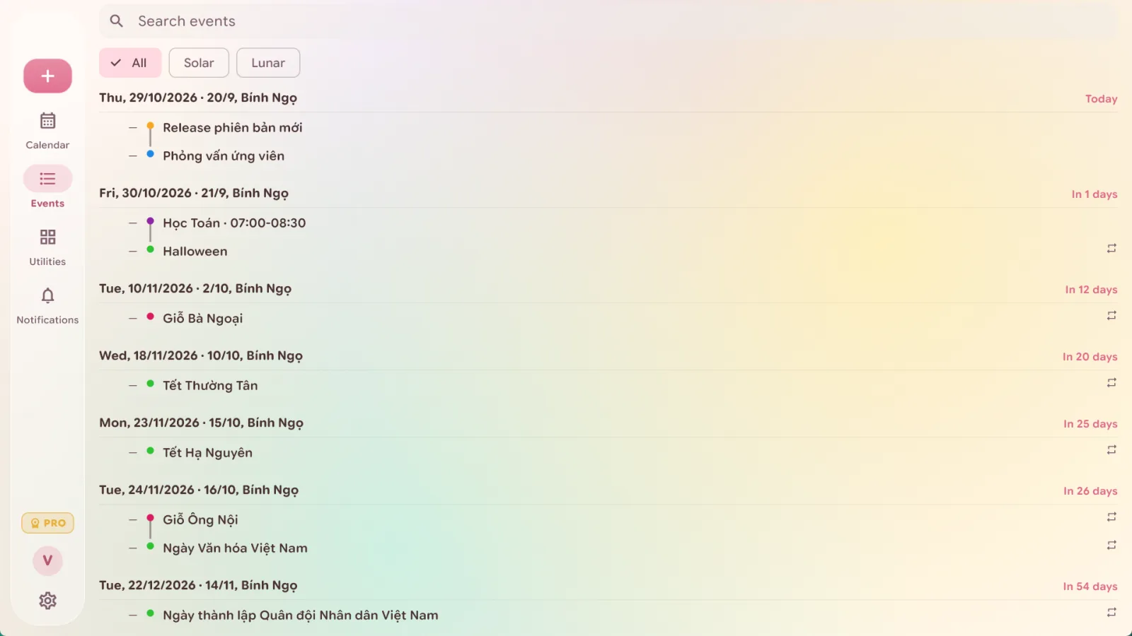 Event list on Windows with death anniversaries, holidays, lunar dates and countdowns