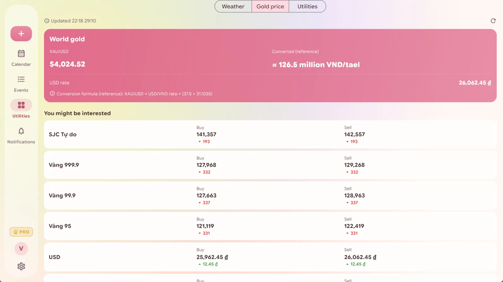 Gold prices and the USD rate in Lịch Âm Việt on Windows