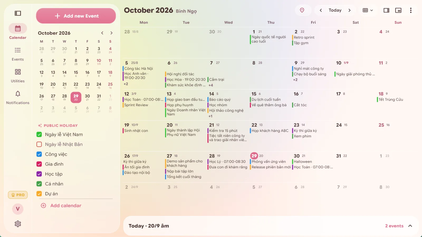 Lịch Âm Việt on Windows 11, October 2026 month view with lunar dates and coloured events
