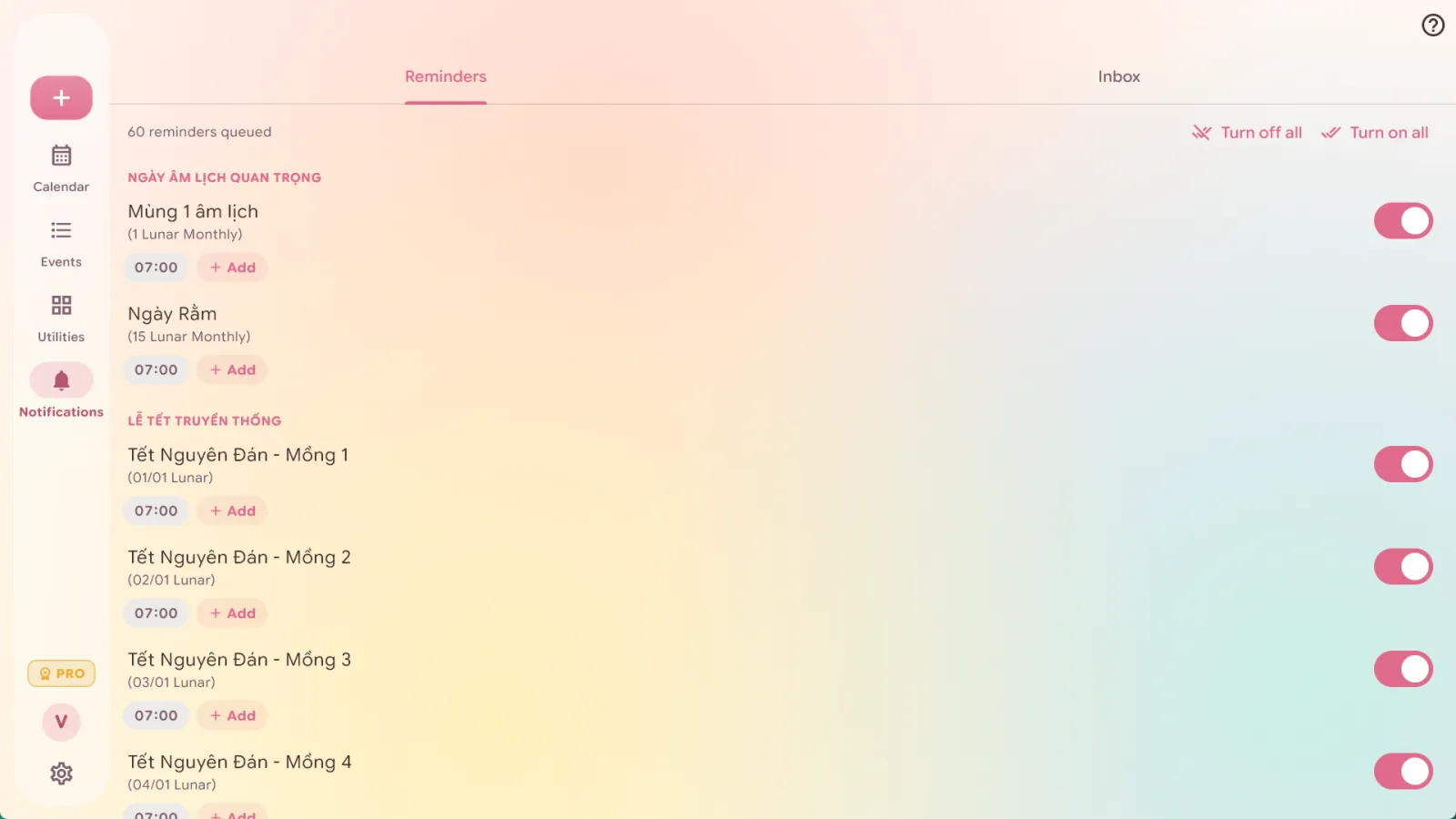 Reminder settings for the 1st and 15th lunar days and Tết on Windows
