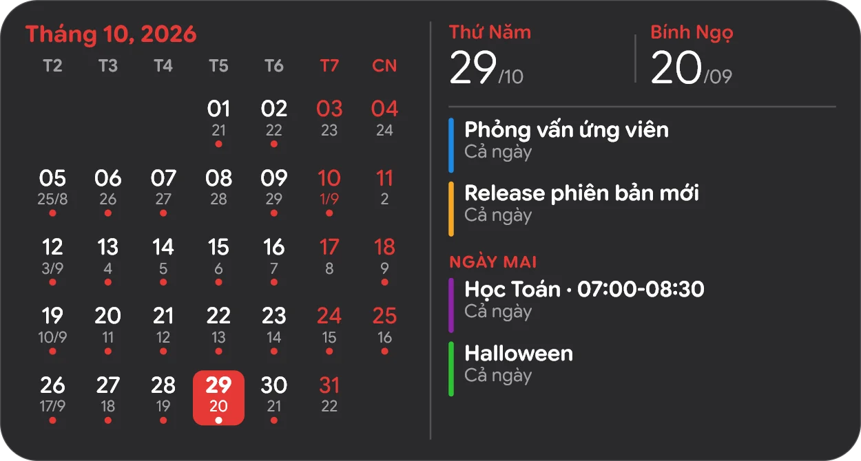 Month calendar widget in dark mode