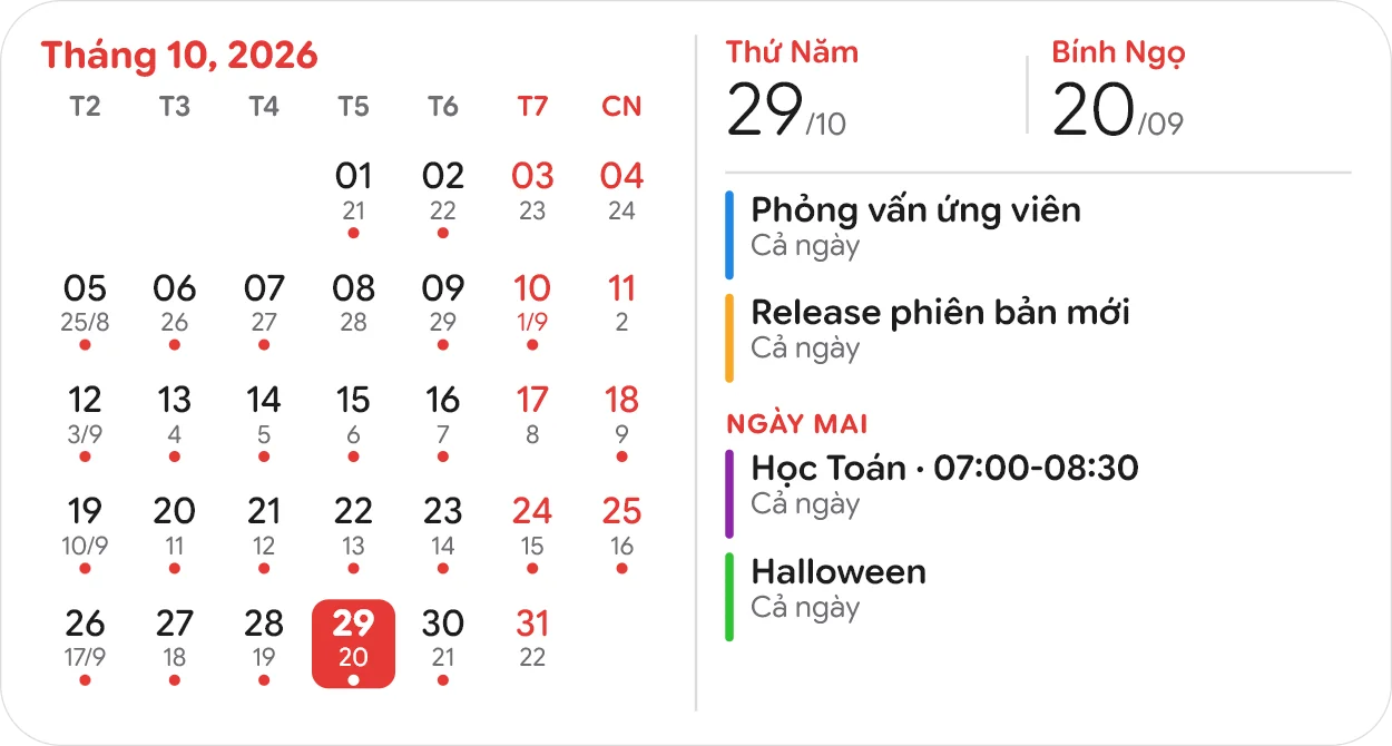 Month calendar widget on the Windows desktop with lunar dates and today's events