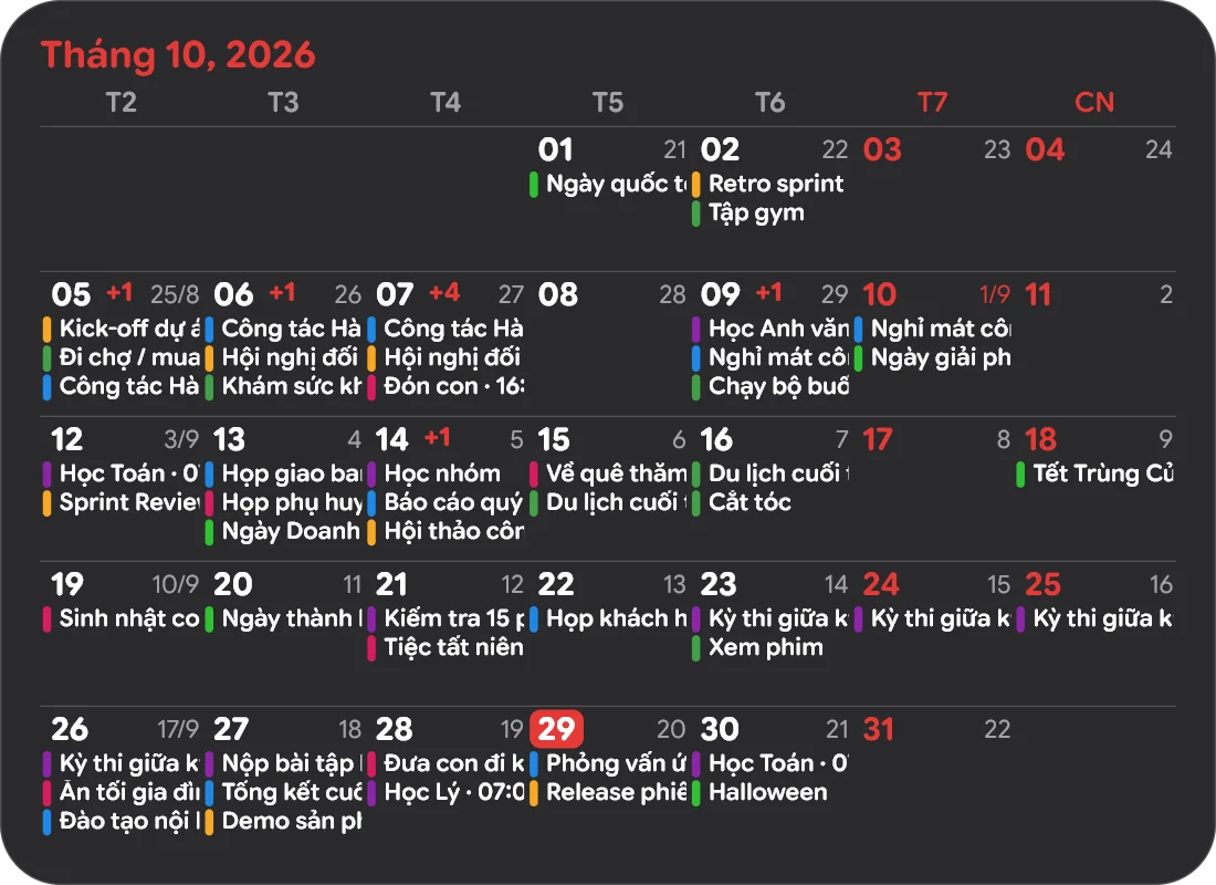 Vertical calendar widget in dark mode, events inside each day