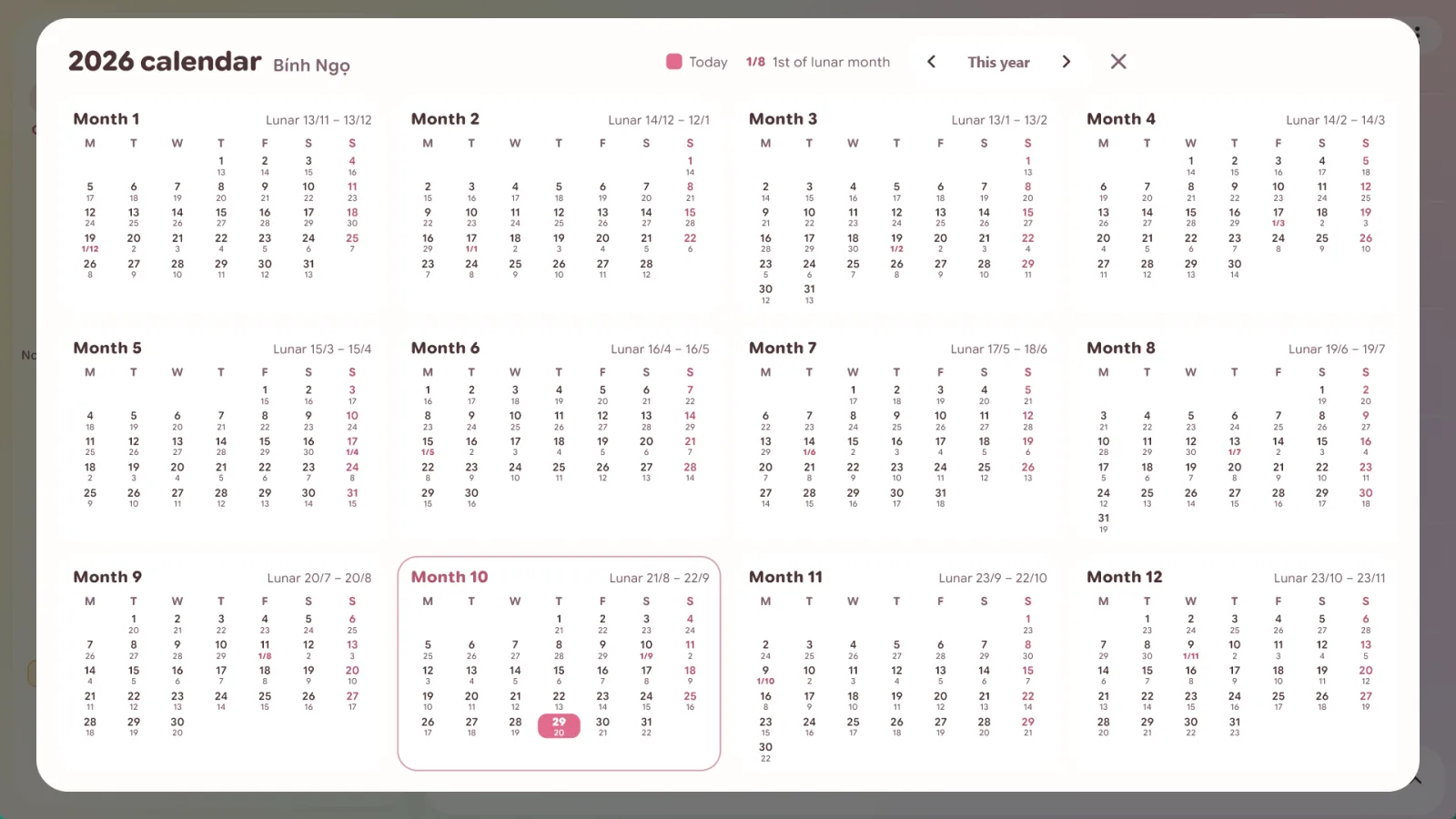 Year view for 2026 on Windows, 12 months with lunar dates