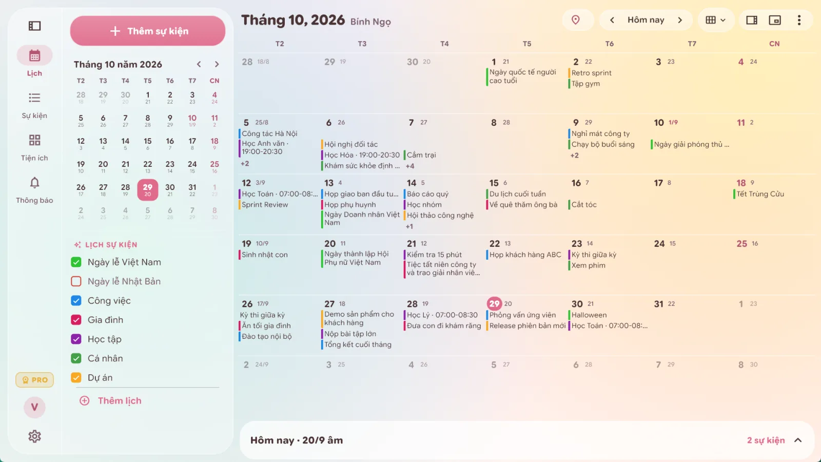 Lịch Âm Việt trên Windows 11, lịch tháng 10/2026 có ngày âm và sự kiện theo màu