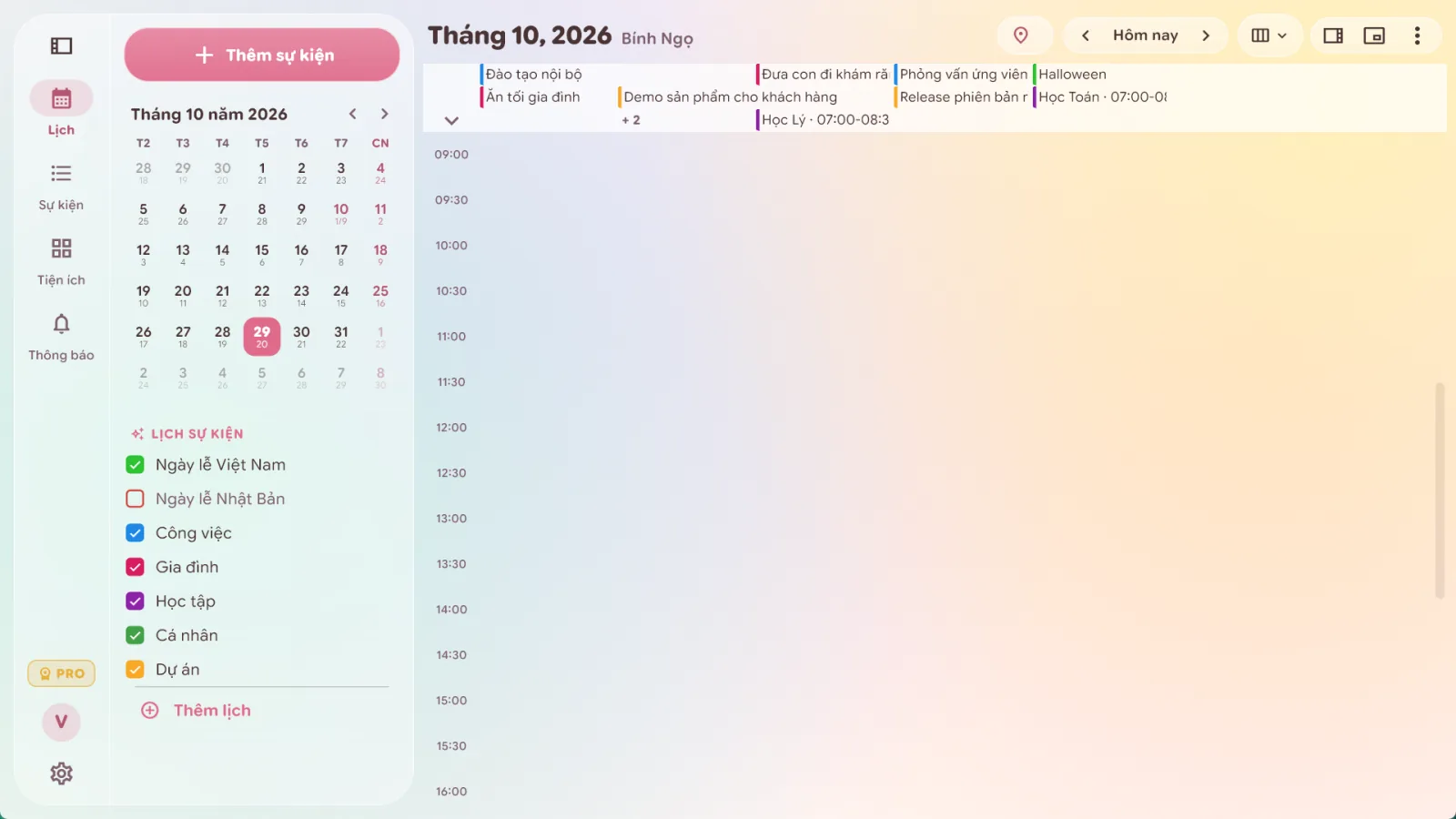 Lịch tuần trên Windows, sự kiện cả ngày nằm trên cùng, khung giờ bên dưới