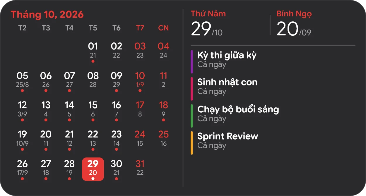 Widget lịch tháng chế độ tối trên Windows